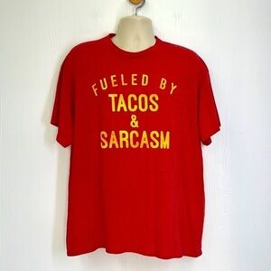 Gildan - Fueled By Tacos & Sarcasm Red Graphic Short Sleeve T Shirt Size XLarge